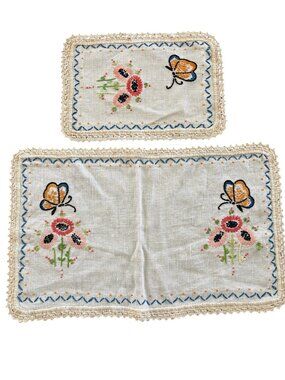 Vintage Embroidered Butterfly Runner Doily With Crocheted Edges Set Of Two